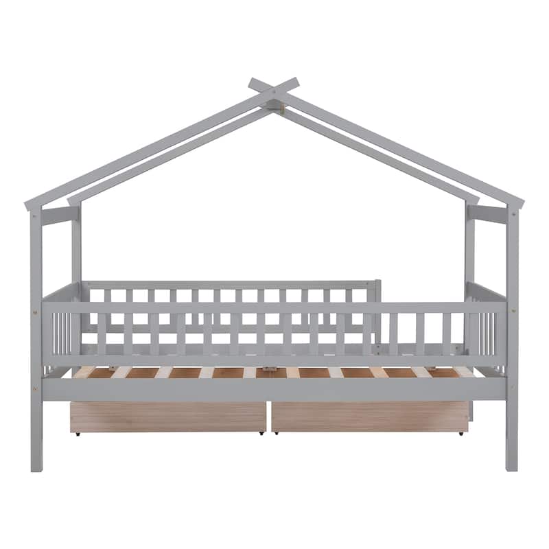 Wooden House Bed with Two Drawers and Fence