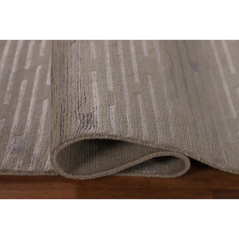 Beige Striped Nepalese Oriental Area Rug Hand-Knotted Wool Carpet - 5'10" x 8'8"