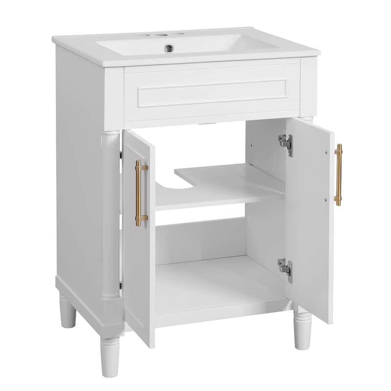 Elegant Bathroom Vanity Freestanding Storage Cabinet with Sink, 2 Doors, Gold Handles and Adjustable Interior Shelf