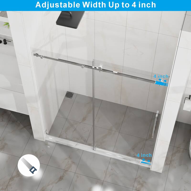 60" W x 72" H Sliding Shower Door, Frameless Sleek Glass Shower Door, 1/4" (6mm) Thick Tempered Clear Glass