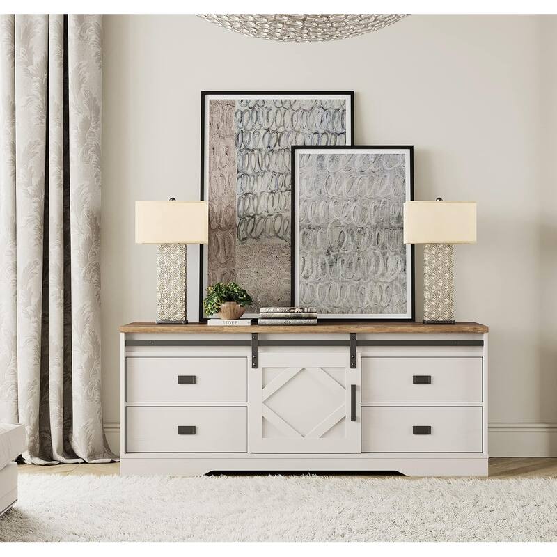 WAMPAT Farmhouse TV Stand with Sliding Barn Door for Living Room