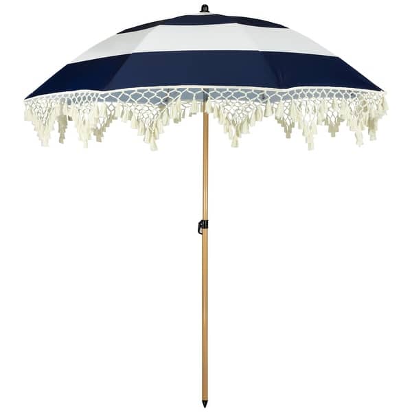 blue and white stripe patio umbrella Fabienne Striped 3M Double Top Crank and Tilt Parasol a sophisticated and functional addition to any patio Stripe Tilting Macrame Boho Beach