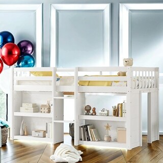 Twin Size Kid Low Loft Bed with Two-Tier Shelves and Led Light