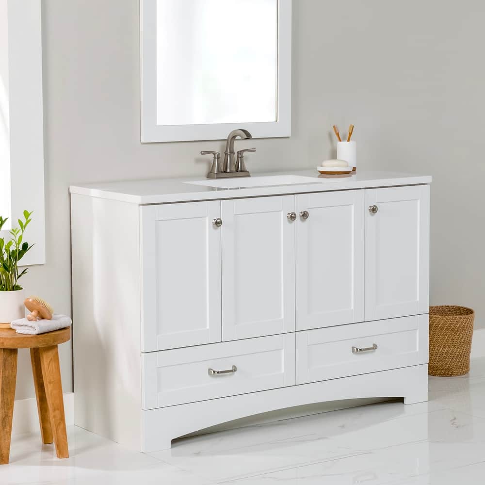 Spring Mill Cabinets Emlyn 48.5" Bathroom Vanity With Shelves, Drawers, and White Sink Top
