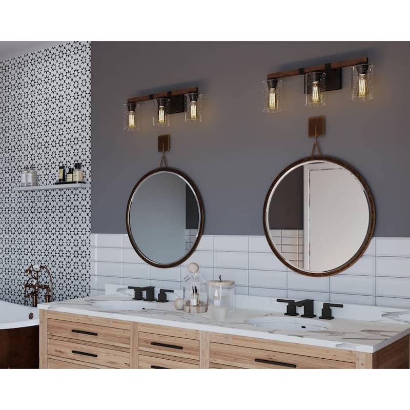Barnes Mill Collection Three-Light Antique Bronze Clear Seeded Glass Farmhouse Bath Vanity Light - 24"W 8"H