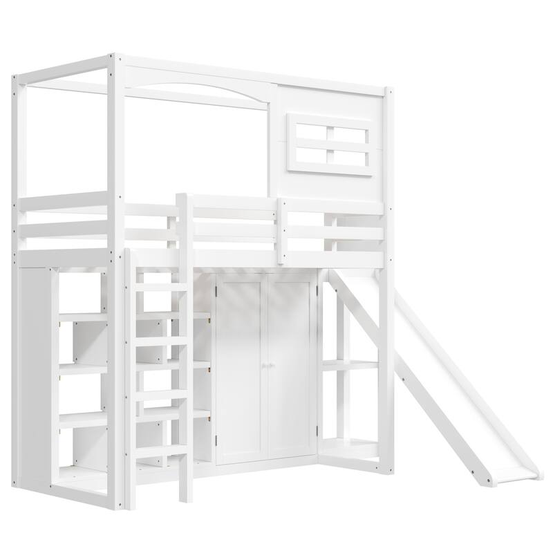 Roomfitters Twin Loft Bed with Slide, Wardrobe and Storage Shelves, Space-Saving Bedroom Furniture, White