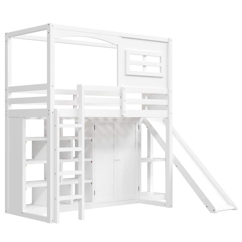 White Twin Size Wood Loft Bed with Slide, Wardrobe, Storage Shelves, LED Light, and House Frame