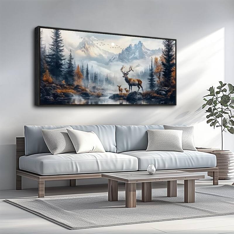 Elk Foggy Mountain Landscape Painting Scenery Stretched and Framed