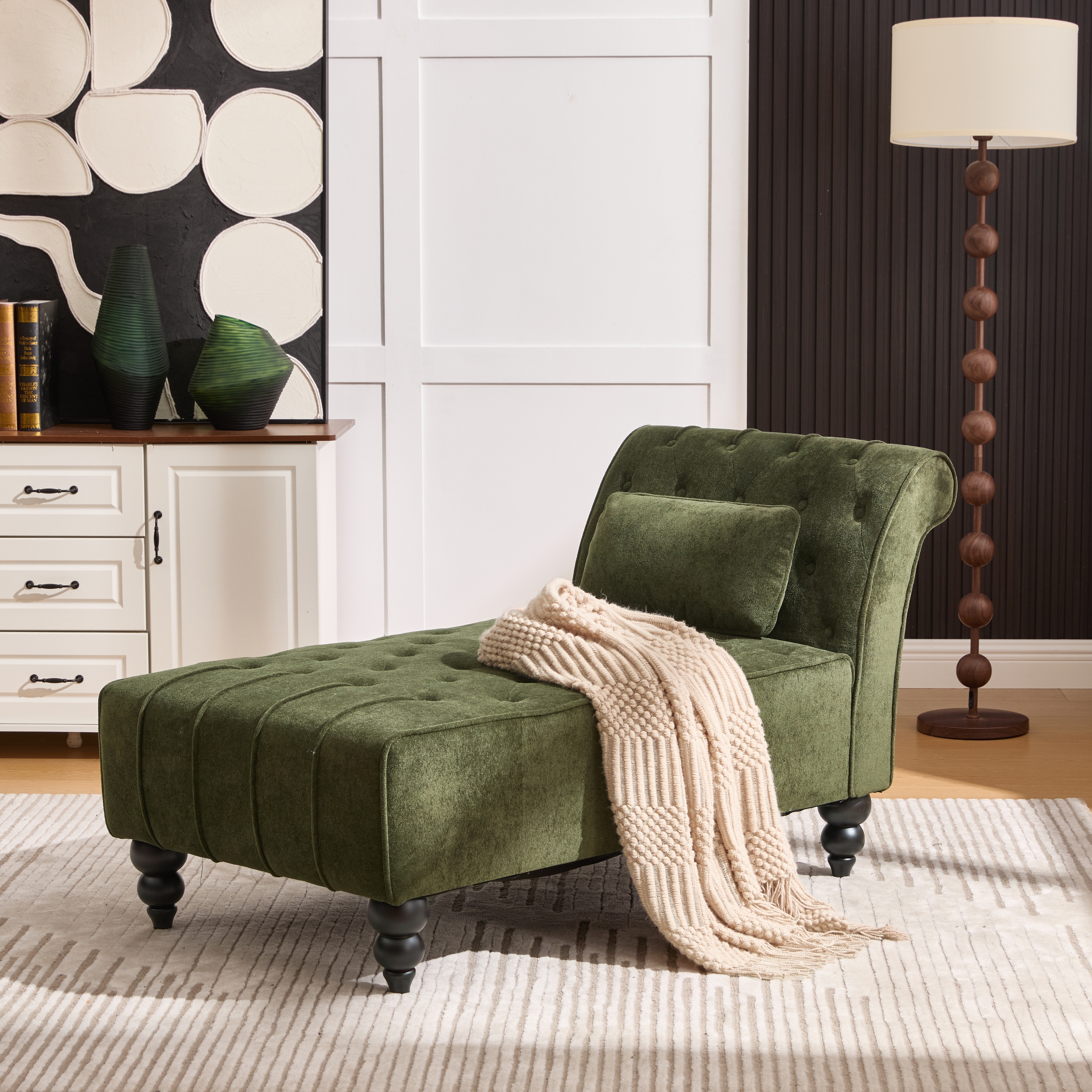 Christopher Knight Home - Classic Indoor Chaise Lounge Chair with Velvet Button-Tufted Upholstered, Solid Wood Legs & Pillow