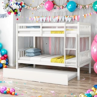 Twin Over Twin Rubber Wood Bunk Bed with Trundle, Convertible into 2 Twin Size Beds,with Ladder and Safety Guardrails