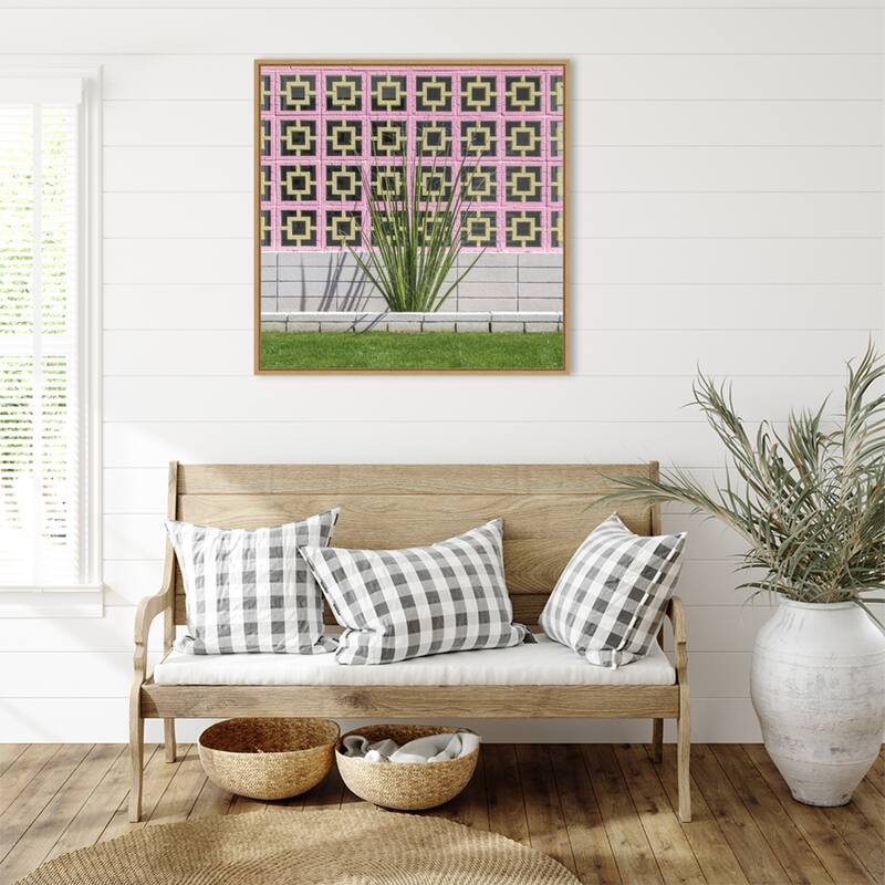 Mid Century Breeze Block Wall with Cactus by Tom Windeknecht Framed Canvas Wall Art Print - Sylvie Natural