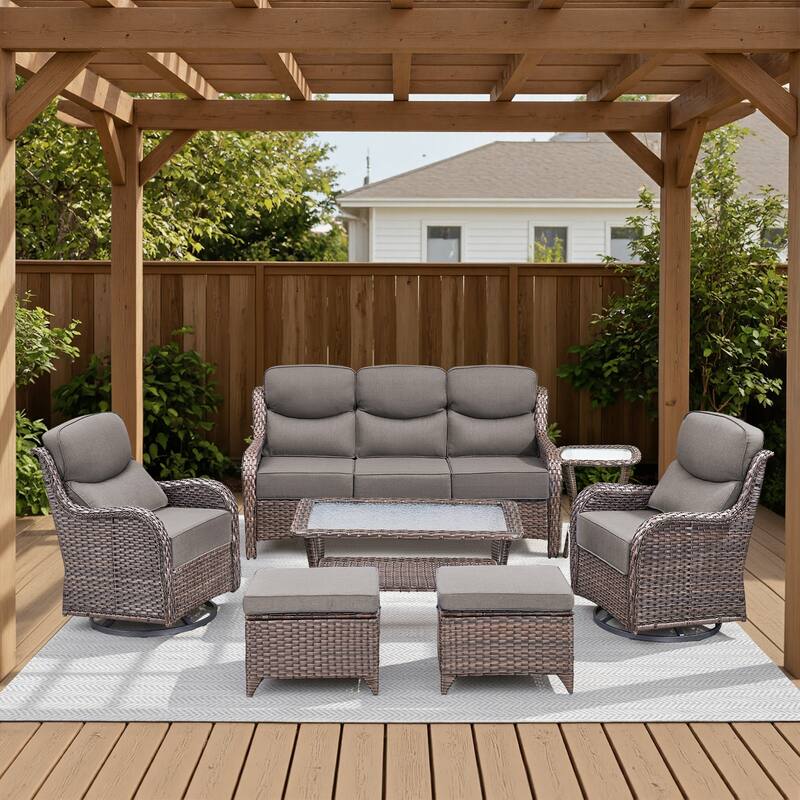 Meyreso 7-Piece Wicker Patio Conversation Set with Swivel Gliders and 6-Inch Thick Cushions - Brown/Gray - 7-Piece