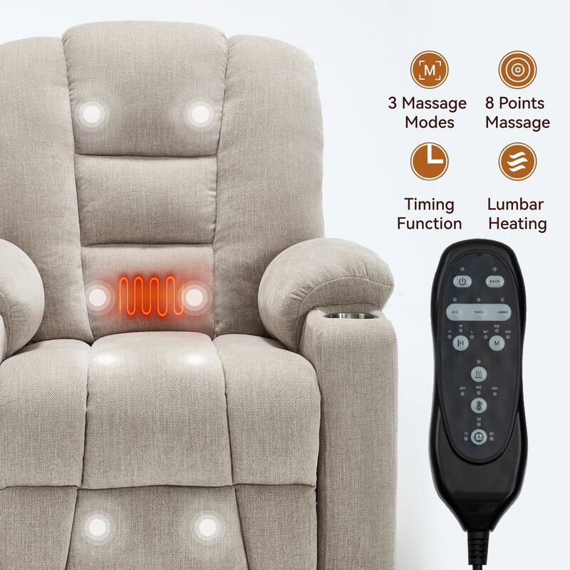 Roomfitters Oversized Power Lift Recliner, Massage Chair with USB A & C Ports and Dual Steel Cup Holders, Beige