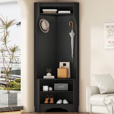 Corner Hall Tree with Shoe Bench, Entryway Coat Rack with 4 Hooks, Wood Corner Cabinet with Adjustable Shelf for Living Room