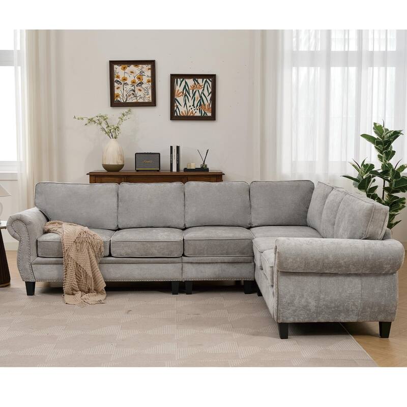 109.5" Modular Sectional Sofa, L Shaped, 6 Seater, Chenille, Light Gray