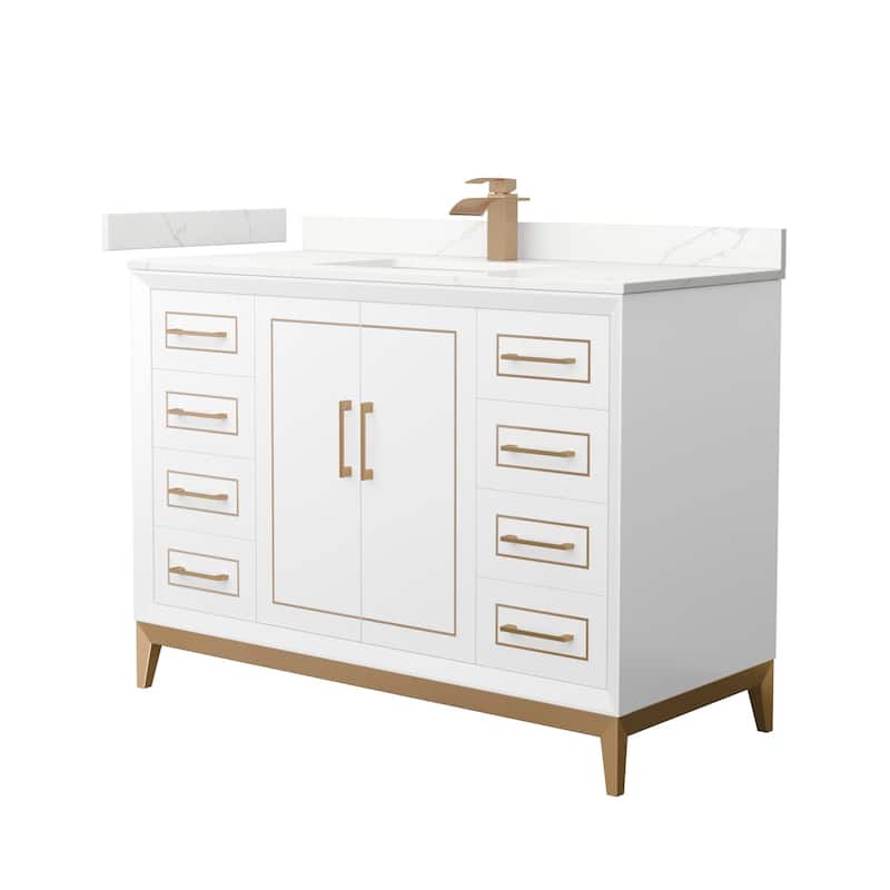Wyndham Collection WCH515148S-QTZ-UNSMXX Marlena 48" Free Standing - White / Giotto Quartz Top / Satin Bronze Hardware