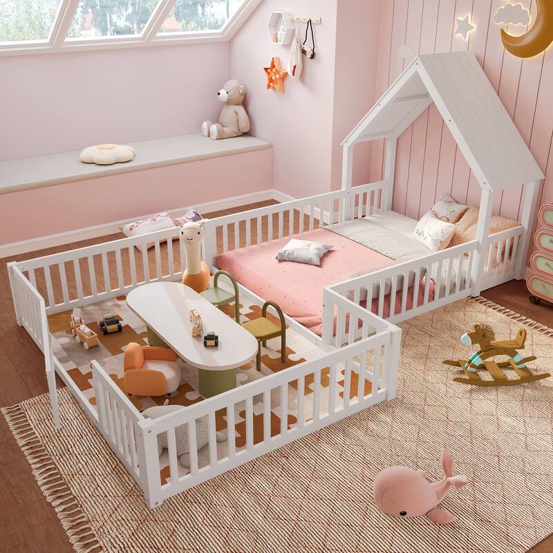 Modern House Floor Bed Frame, Double Floor Beds with Fence and Door