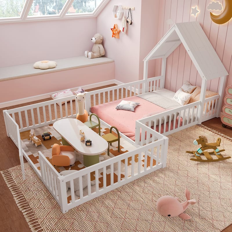 Montessori Floor Bed for Toddler Kids, L Shape House Bed with Door and Guardrails, Double Bed Frame Design for Sleeping and Play - White - Full