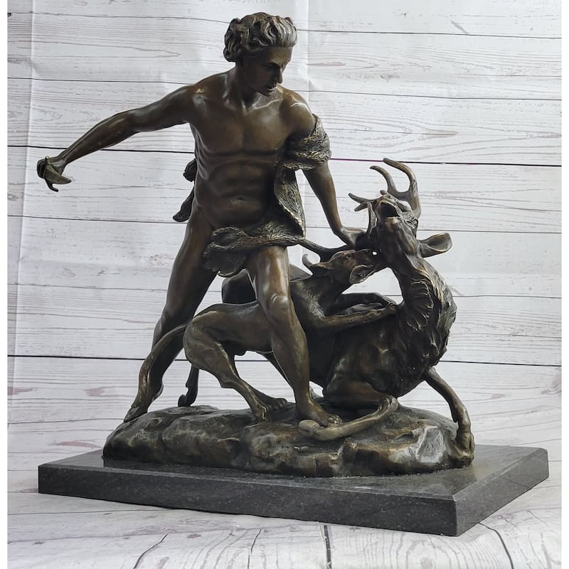 Herecles Hercules Ceryneian Hind Deer Greek Mythology Bronze Statue Sculpture 18 Inches X 17 Inches