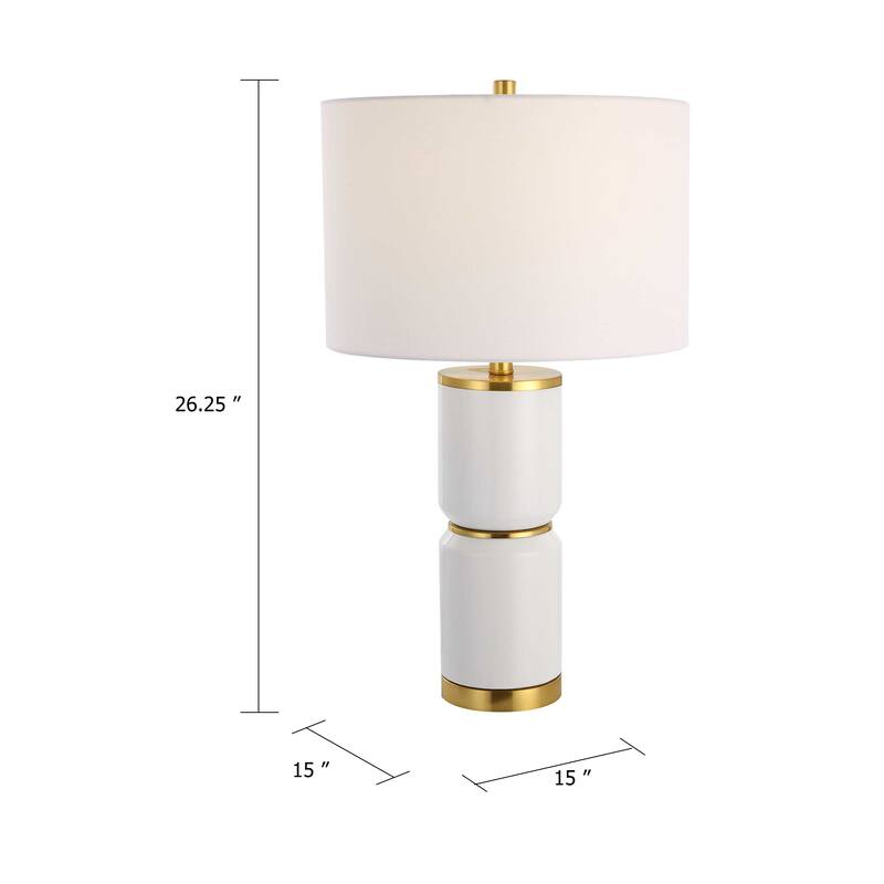 Table Lamp, Linen Drum Shade, Gold Accent White Ceramic Base, 26 Inch