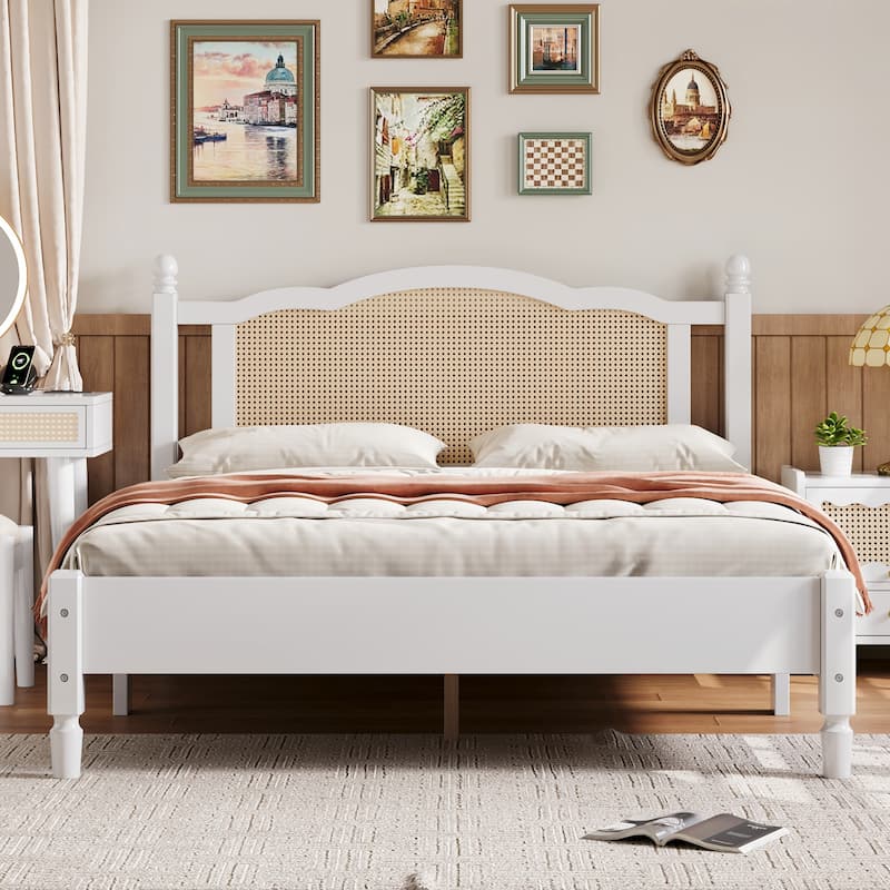 Queen/Full Size Wood Platform Bed with Natural Rattan Headboard, Vintage Bed Frame