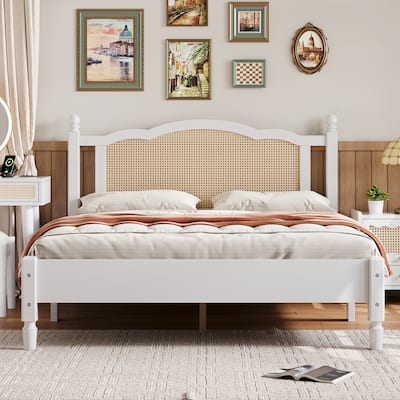 Roomfitters Queen/Full Size Wooden Platform Bed with Natural Rattan Headboard, Vintage Bed Frame with Sturdy Wooden Slat Support