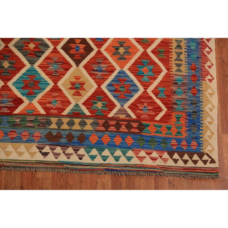 Trellis Kilim Oriental Area Rug Hand-Woven Orange Wool Carpet - 8'5"x 11'5"