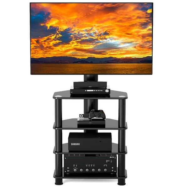 Modern Black Glass TV Stand with Mount for 40 to 70 inch Black TVs, 4