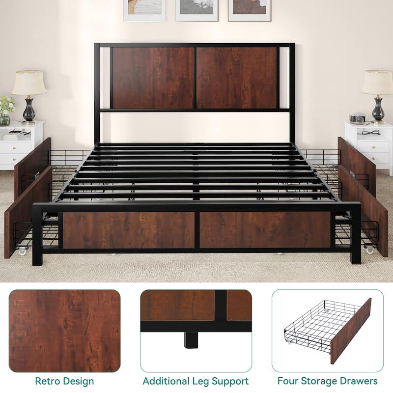 Queen Vintage Wood and Metal Headboard Platform Bed