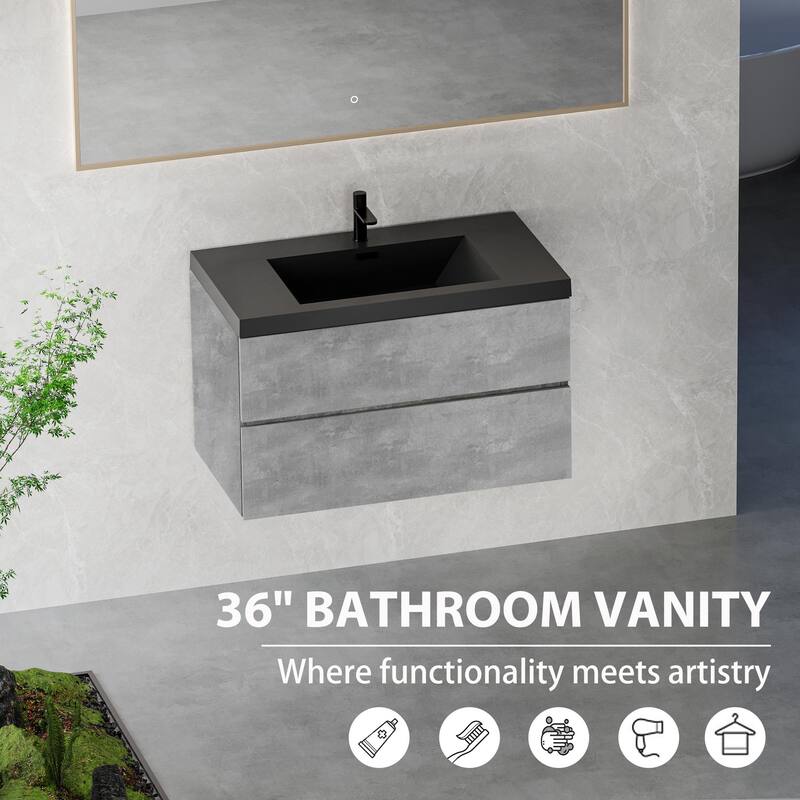 Modern Wall-Mounted Bathroom Vanity in Gray with Black Quartz Sand Top