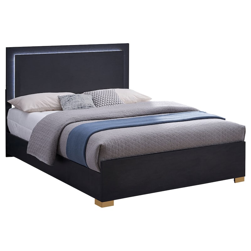 Dex Full Size Bed with LED Framed Headboard, Black Wood Finish, Gold Legs