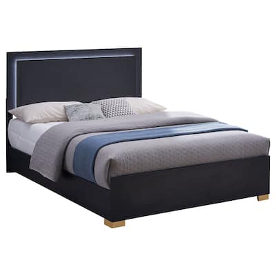 Dex Platform Queen Bed, Panel LED Headboard, Black Wood Melamine Finish