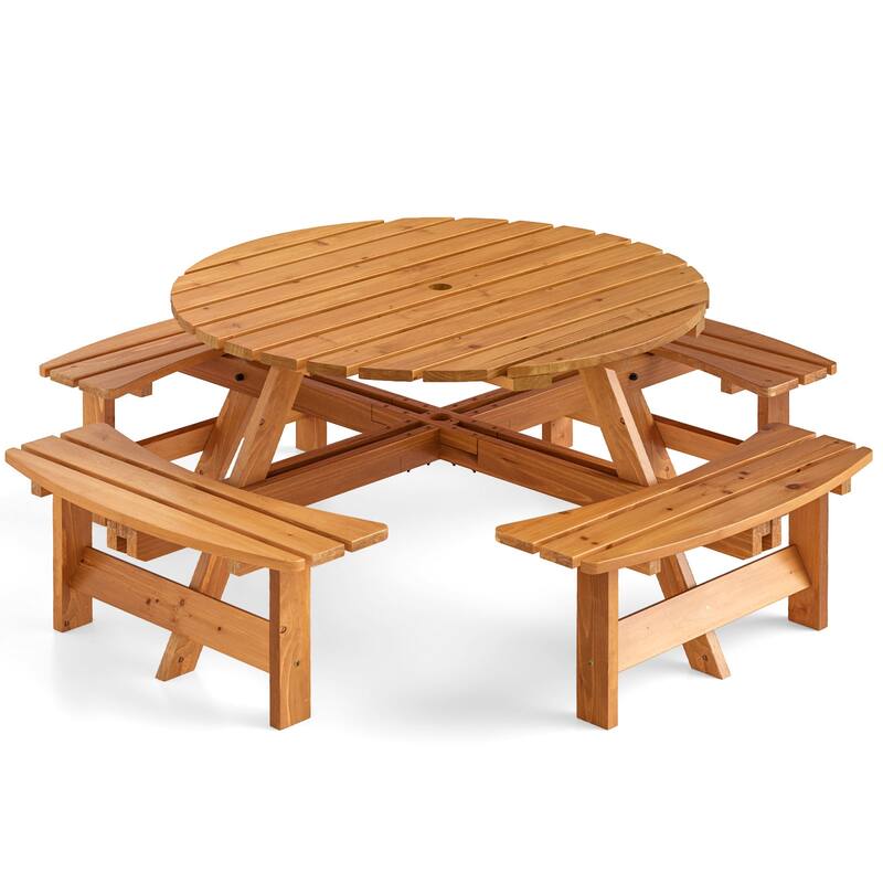 8 Person Wooden Picnic Table Round Outdoor Dining Set with Benches - 71" x 71" x 28"