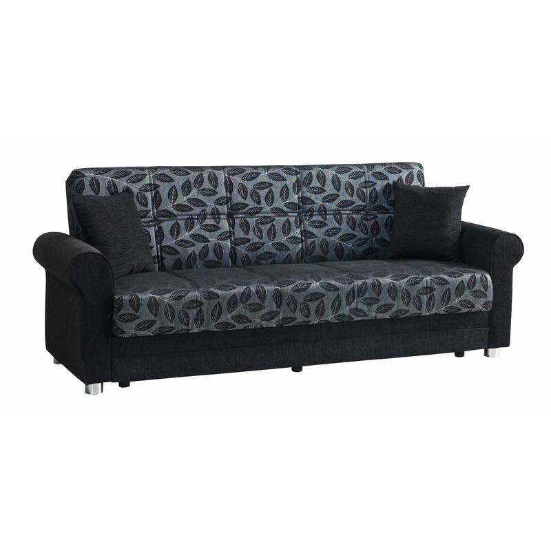 HomeRoots 89" Black Chenille Convertible Futon Sleeper Sofa And Toss Pillows With Storage