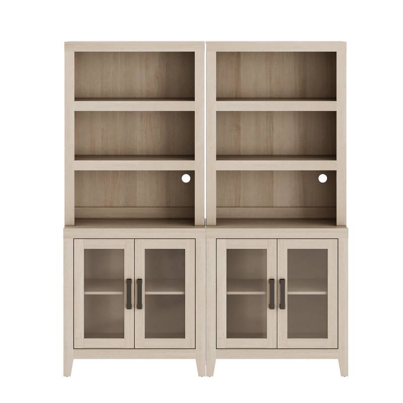 WAMPAT 3 Tier Bookshelf with Glass Door, 74" Tall Bookcase with Adjustable Shelf and Storage Cabinet, Farmhouse Wooden Bookshelf