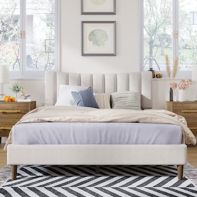 Linen Upholstered Platform Bed with Channel Tufted Headboard - Queen