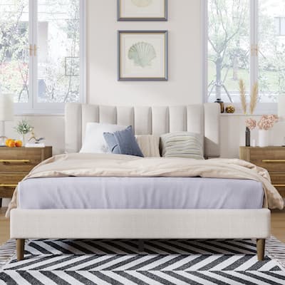 Upholstered Platform Bed Frame with Vertical Channel Tufted Headboard, No Box Spring Needed