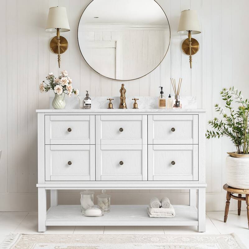 48 Inch Single Bathroom Vanity with 6 Drawers, Marble Top Bathroom Vanity with Sink in White - 48" x 22"x 35" - White