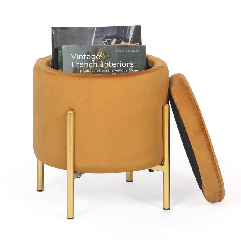 ADECO Modern Upholstered Velvet Storage Ottoman Round Vanity Chair