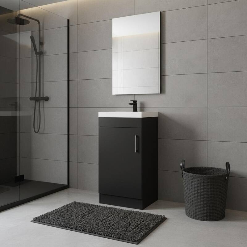 HomeRoots 16" Black Wood Freestanding Single Door Bathroom Vanity With White Sink - 15.70 in. x 32.60 in. x 12.90 in. - 15.70 in. x 32.60 in.  x 12.90 in. - Polished - Black