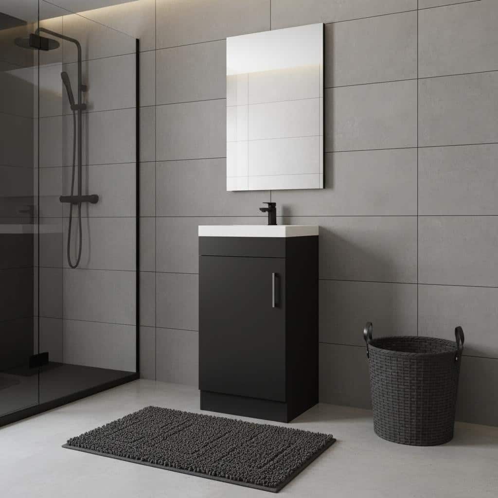 HomeRoots 16" Black Wood Freestanding Single Door Bathroom Vanity With White Sink - 15.70 in. x 32.60 in. x 12.90 in.