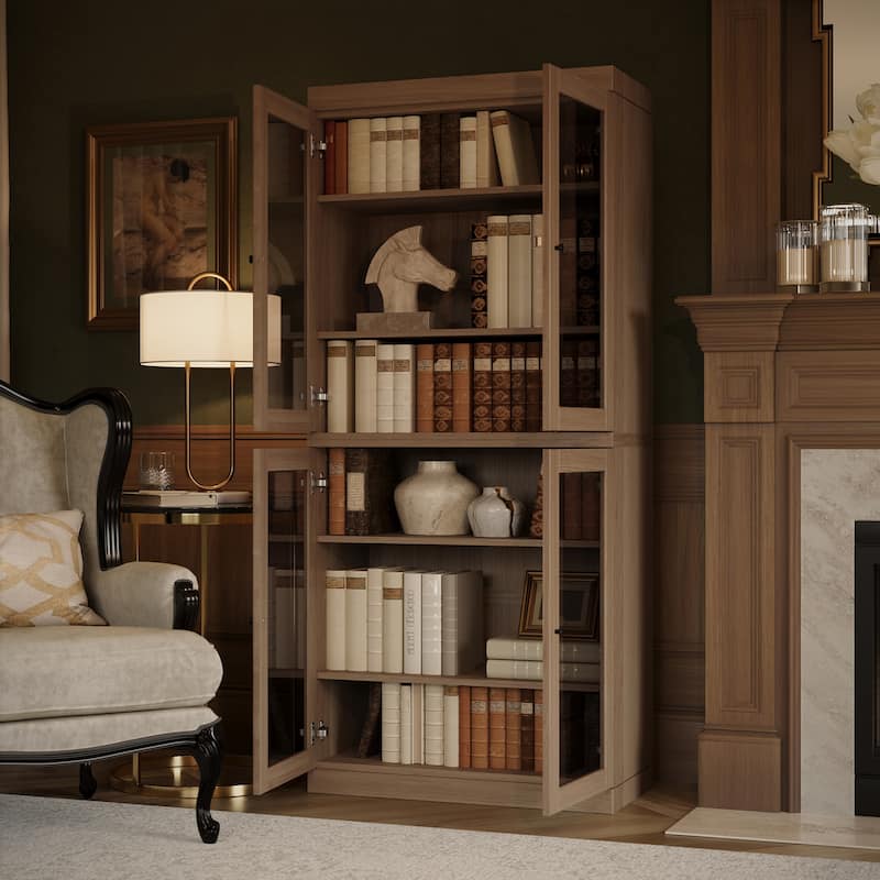 Palace Imports Premium 100% Solid European Oak Hardwood 6-Shelf Modular Bookcase with Tinted Glass Doors - 32" Wide, 71.5" Tall