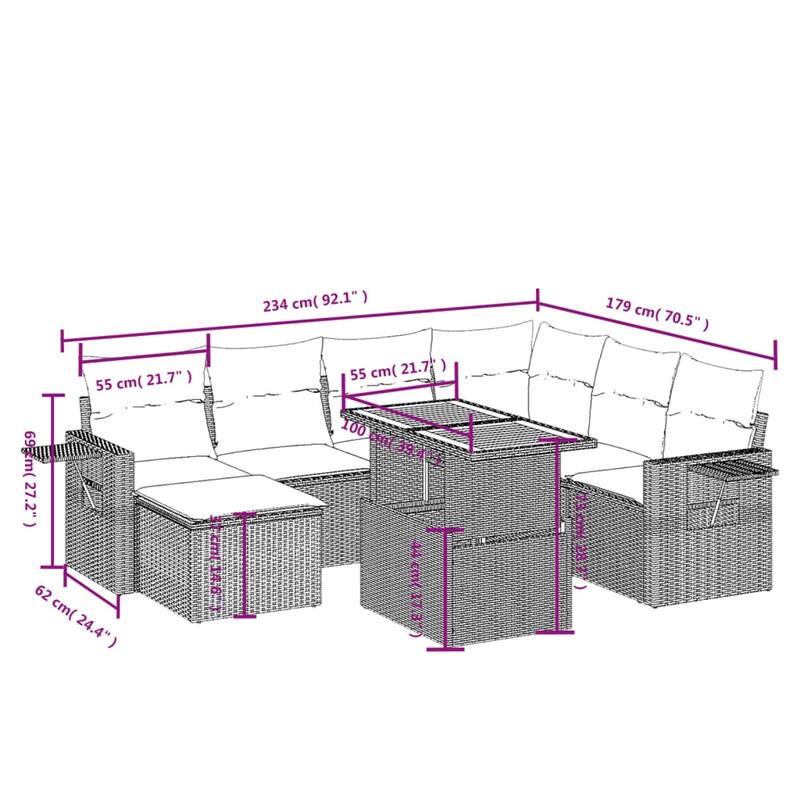vidaXL Patio Sofa Set with Cushions Table and Sofa Modules 8 Piece Poly Rattan - 21.7 x 39.4 x 28.7