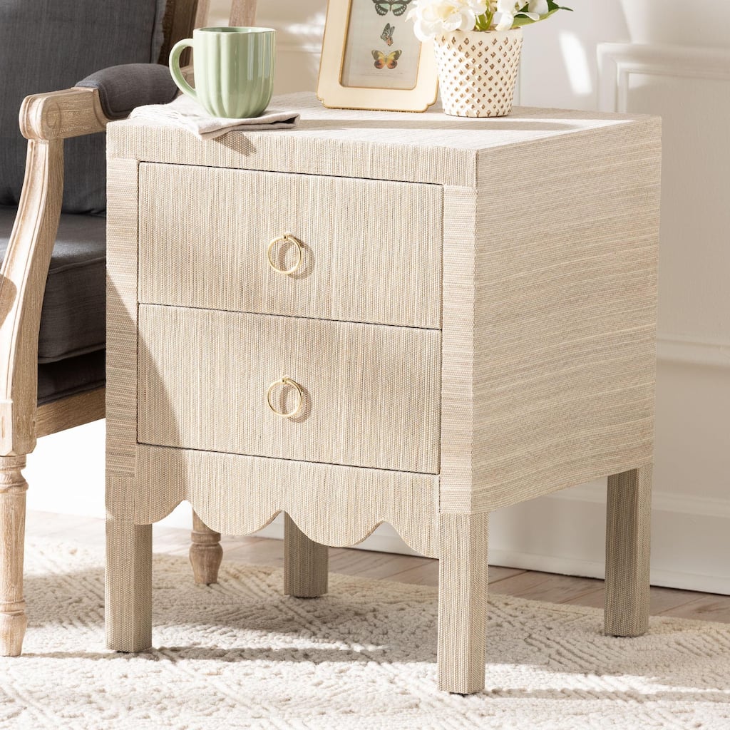Juniper Grasscloth Nightstand with Scalloped Base - Woven Texture 2-Drawer Bedside Table with Gold Ring Pulls