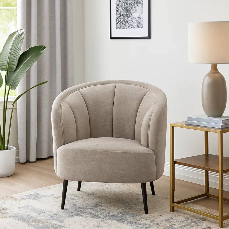 Zui Curved Accent Armchair, 33 Inch, Beige, Modern Sleek Tapered Metal Legs