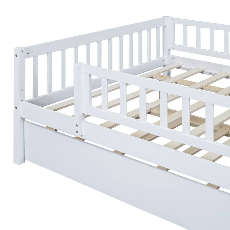 Full Size Wood Daybed with Trundle and Fence Guardrails, Space-Saving Design