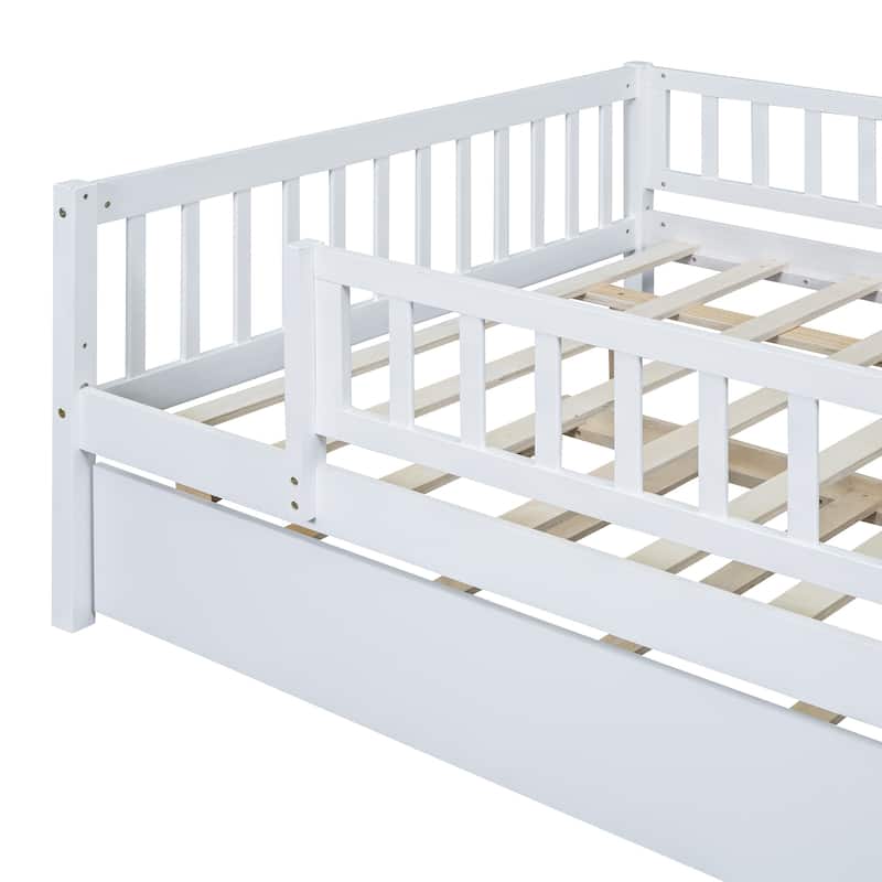 Wooden Twin/Full Daybed with Trundle and Fence Guardrails, No Box Spring Needed