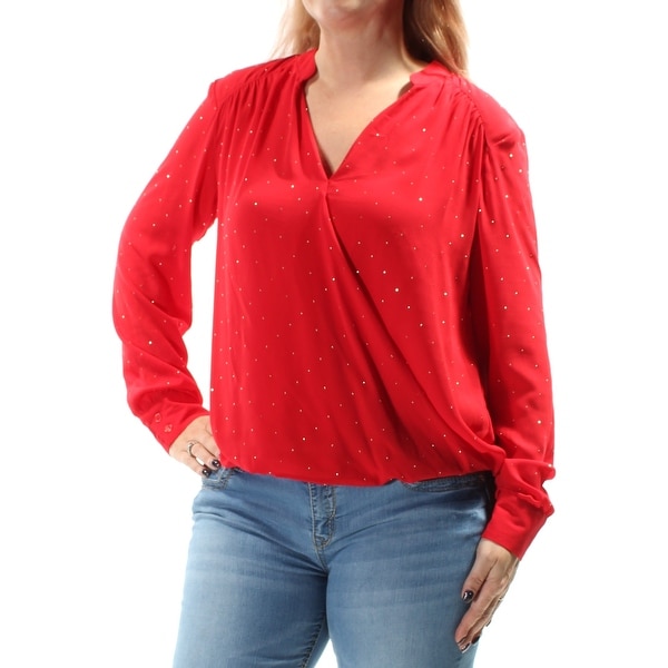 INC Womens Red Rhinestone Sheer Without Cami Cuffed V Neck Faux Wrap Top Size: 0