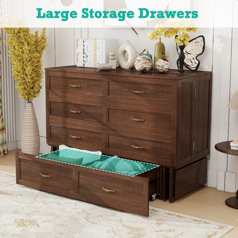 Solid Wood Murphy Bed Full Size with Storage | Space Saving Walnut Cabinet Bed with Easy Pull-Out Mechanism for Bedroom