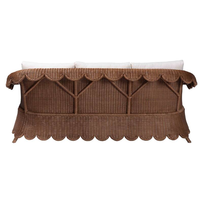 Detta Natural Rattan Sofa with Cushion - Handwoven Wicker Settee with Rolled Arms and Scalloped Skirt Base, Boho Coastal Style